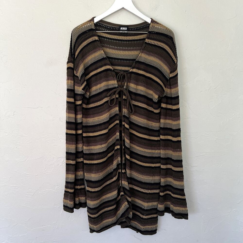 Minga London Luna Forest Stripe Tie Front Bell Sleeve Cardigan L Fairy Grunge